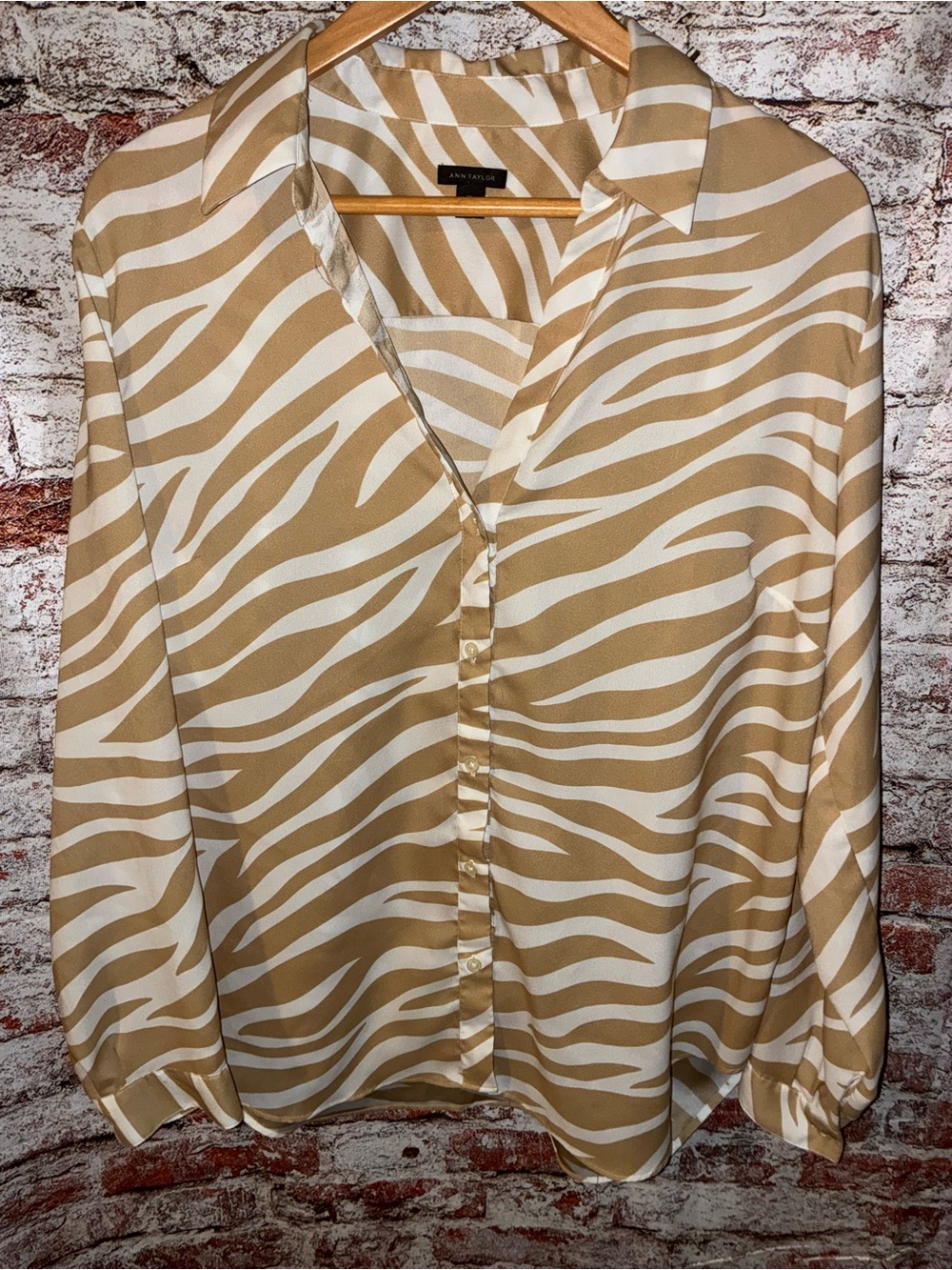 Ann Taylor Tan and White Zebra-Stripe Button Down Blouse